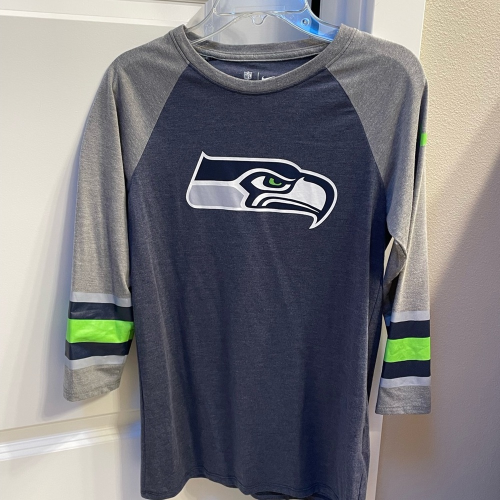 Women's Seattle Seahawks  T-shirt  - Navy & Gray with Neon Green Stripe